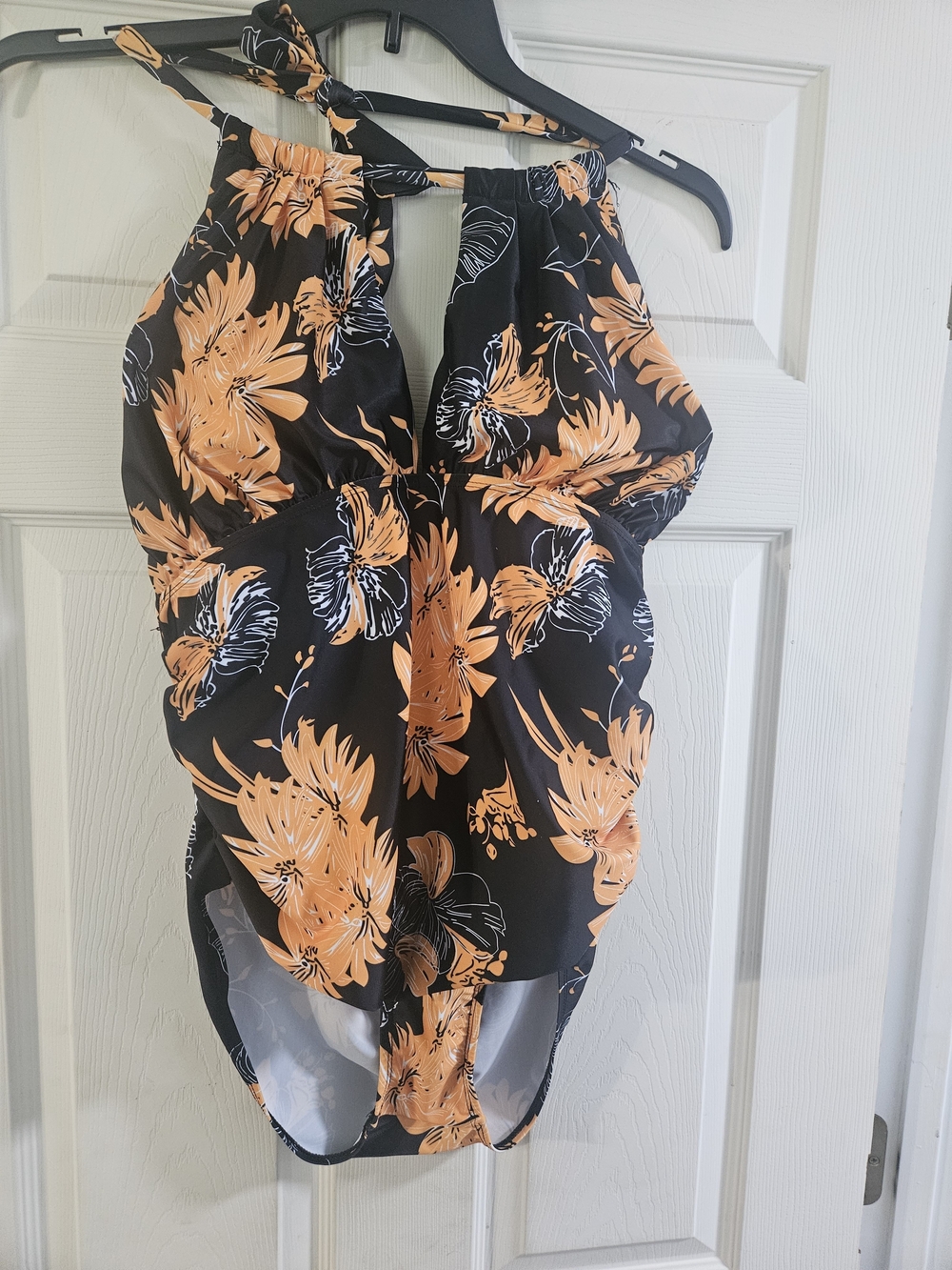 Black & Orange Floral Halter One-Piece Swimsuit